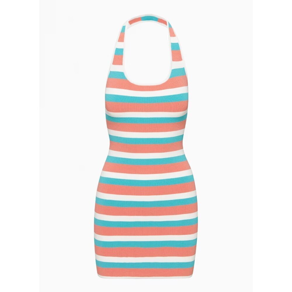 Babaton Blue Coral Pink Striped Backless Halter Mini Dress 37624